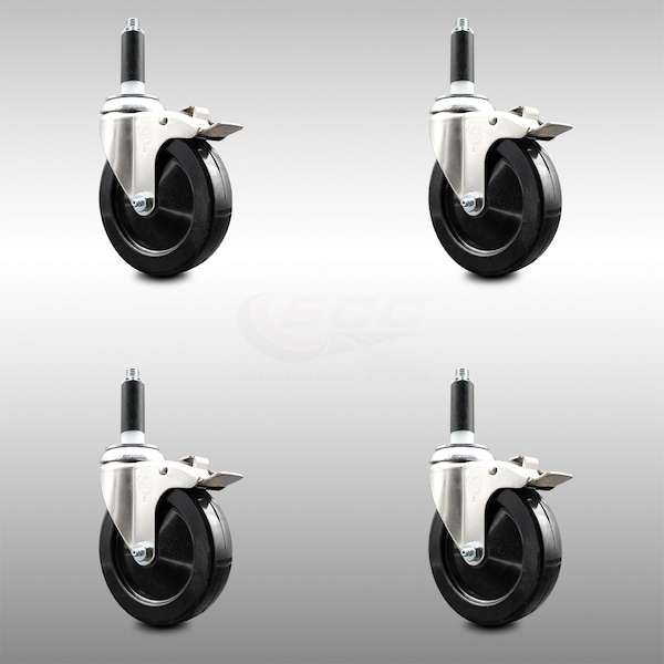 5 Inch 316SS Soft Rubber Swivel 3/4 Inch Expanding Stem Caster Set Lock Brake